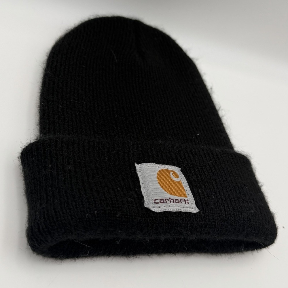 Carhartt black knit cuff beanie toddler acrylic watch cap logo patch hat unisex